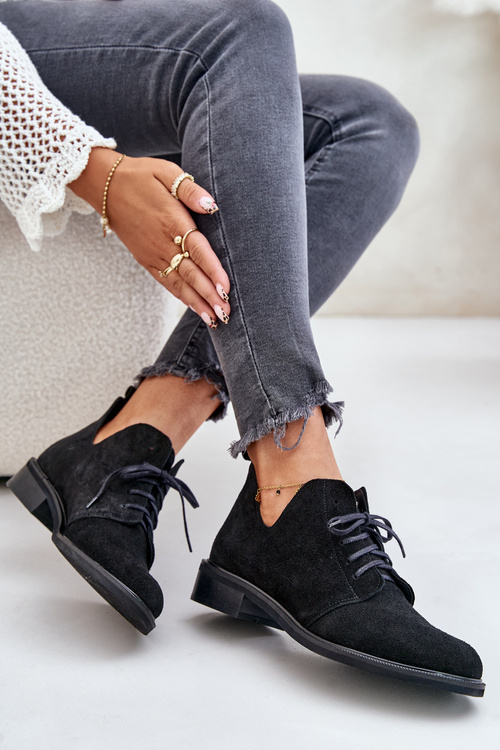 Damskie Zamszowe Sznurowane Półbuty Oksfordki Na Płaskim Obcasie Zazoo 2959 Czarne