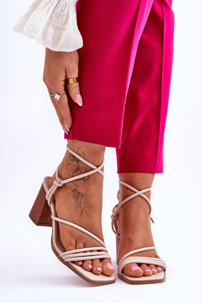 Women's Leather Sandals On Heel Beige Seyna