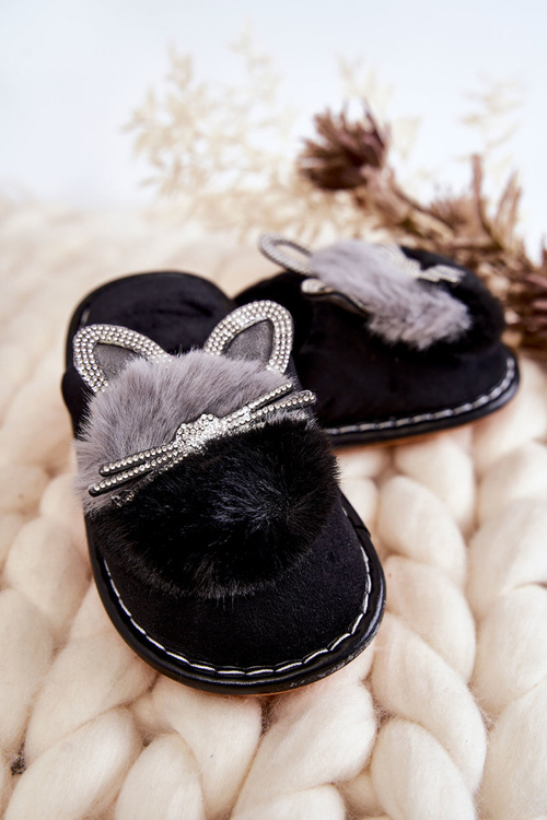 Children's slippers with a kitten and rhinestones Black Carliss