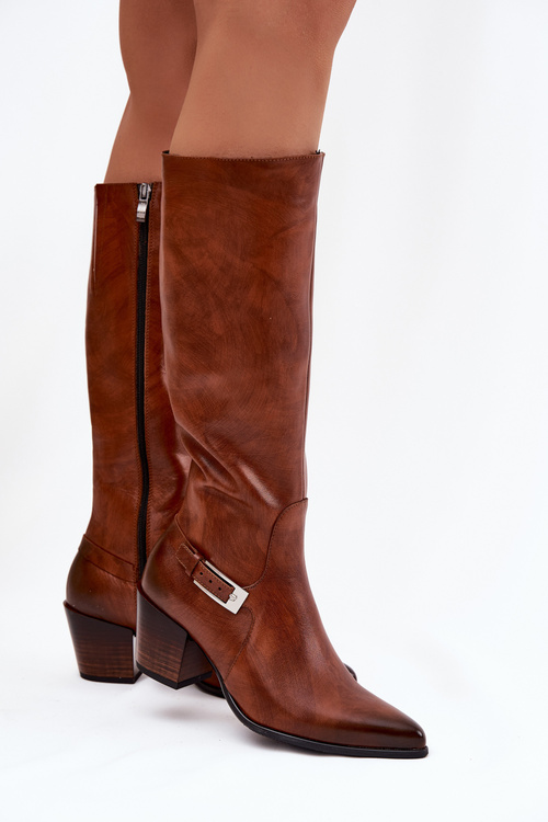 Leather High Heeled Boots With Buckle Lined Zazoo 70156 Brown