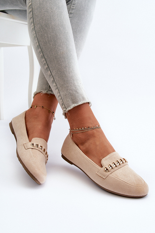 Mokasyny Damskie Z Łańcuchem Błyszczące Beżowe Aredilla 9988-73
