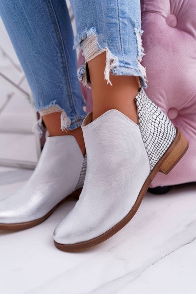 Women's Flat Heel Spring Leather Boots Silver Madness