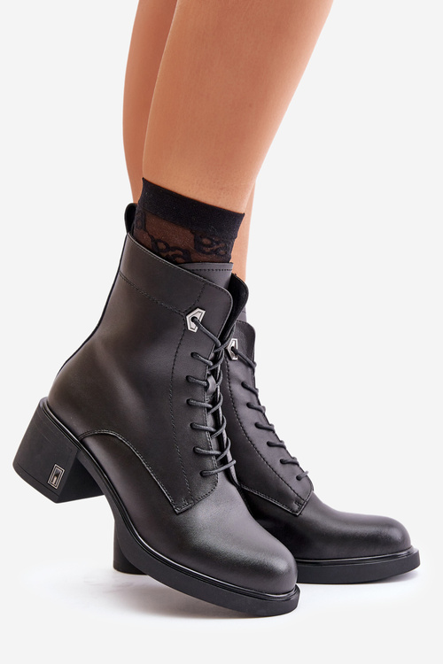 Lace Up Women's Heeled Boots Made Of Natural Leather Insulated Black Vinceza 91110