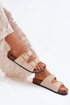Crochet Women's Slippers With Golden Buckles Beige Fenira