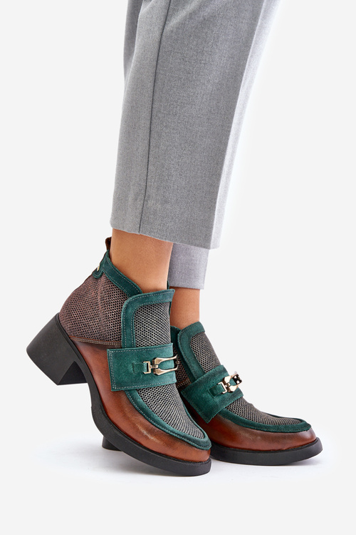 Leather Women's Boots with Thick Heel with Ornament Maciejka A6747-29 Brown-Green