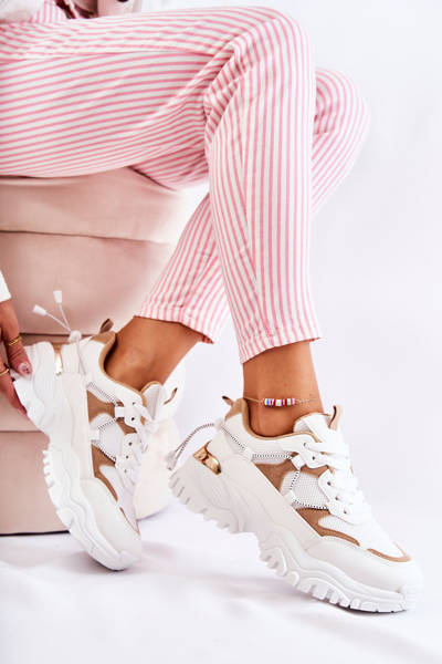 Buty Sportowe Modne Materiałowe Beżowo-Białe Amariso