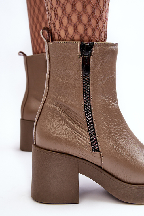 Botki Masywny Obcas Skóra Suwaki Ciemnobeżowe Lemar Littosa 60432