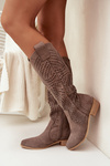 Openwork Women's Knee-High Block Heeled Boots Dark Beige Fioris