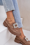 Eco Suede Women's Moccasins With Decorative Brooch Dark Beige Valiana