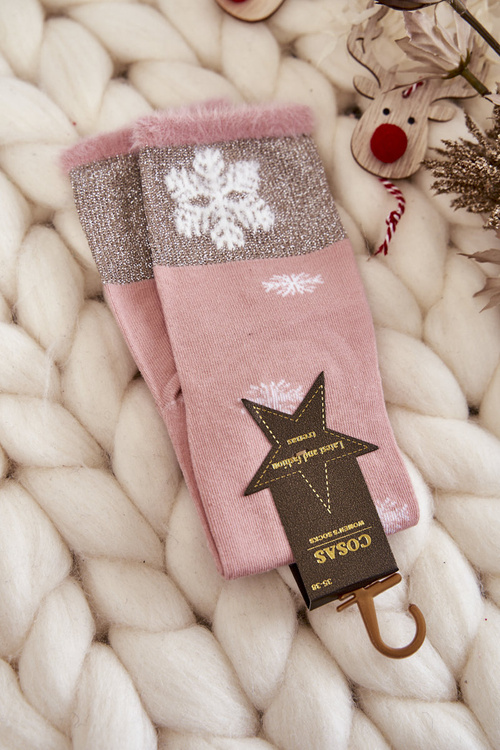 Women's Long Socks With Snowflakes Pink