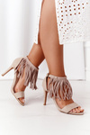 Suede High Heel Sandals With Fringes Beige Boho Swing