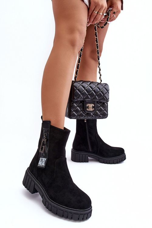 Women's Massive Suede Boots on a Flat Heel Black Lunai