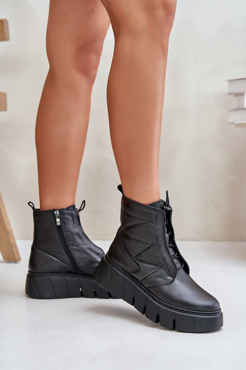Zazoo 60472 Leather Ankle Boots On Platform And Wedge Black