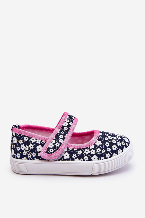 Children's Velcro Ballerinas In Print Navy Blue And Pink Selah