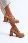 Półbuty Damskie Masywny Obcas Ozdoba Camel Ranunca RMR23108-2