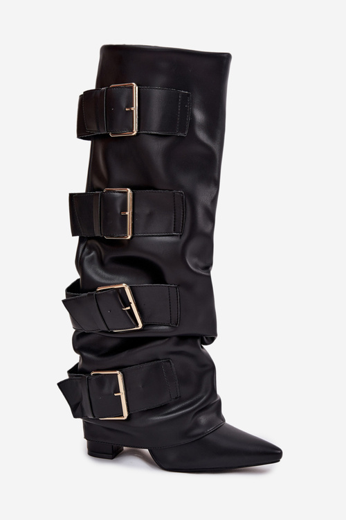 Women's heeled boots with turned upper and gold buckles Black Isavelle