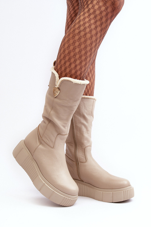 Women's Leather Boots with Wool Zazoo 70121 Beige