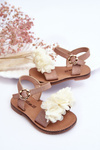 Fashionable Children's Sandals With Flowers Beige-gold Poly