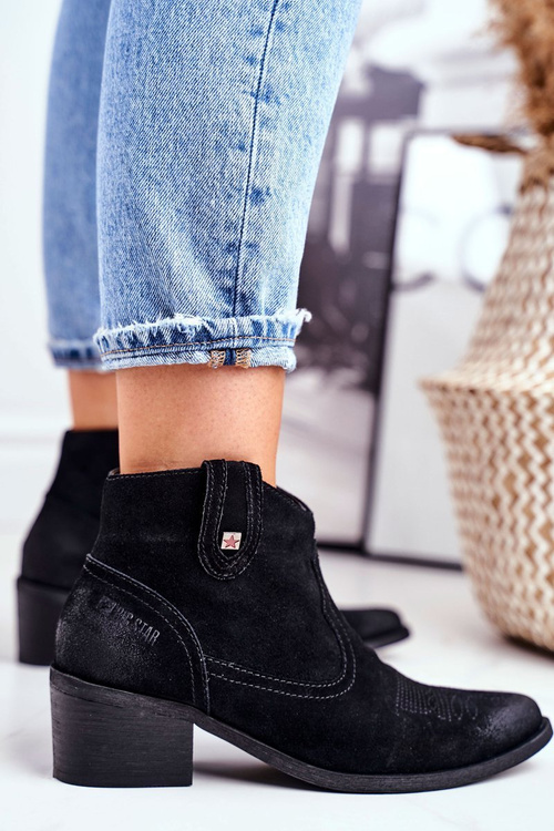 Botki Skórzane Obcas Słupek Big Star Czarne GG274329