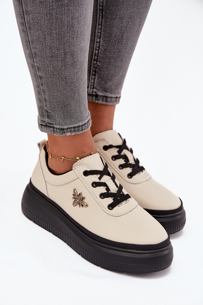 Leather Women's Platform Shoes with Buckle Vinceza 41495 Beige