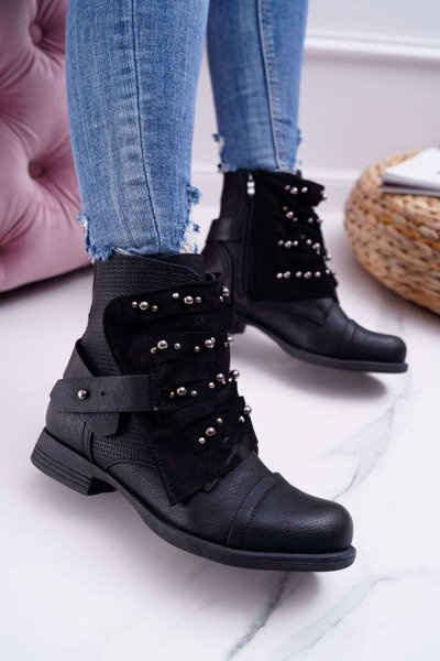 Women's Flat Heel Boots With Rhinestones Black Valko