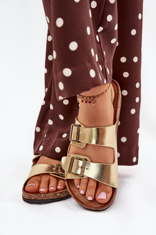 Women's sandals on cork platform with buckles golden Vesina