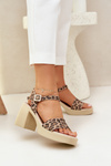 Sandały Damskie Na Klocku Skóra Panterka Brązowo-Beżowe Zazoo 40386