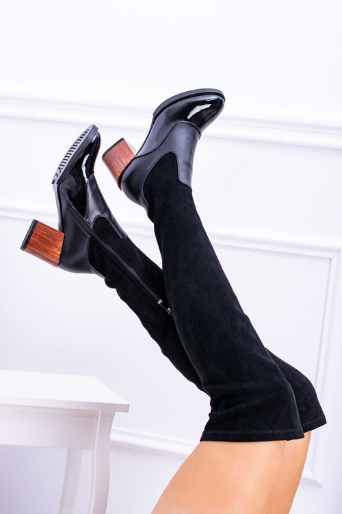 Lu Boo Czarne Damskie Kozaki Na Słupku Zamsz Lakier Jess