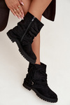 Insulated Women's Ankle Boots With Fringes And Claries On Flat Heel Black Helianne