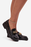 Lacquered Women's Loafers With Gold Decoration S Bar ski HY52 539 Black