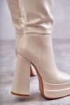 Fashionable Leather Boots On Chunky Heels Beige Meggie