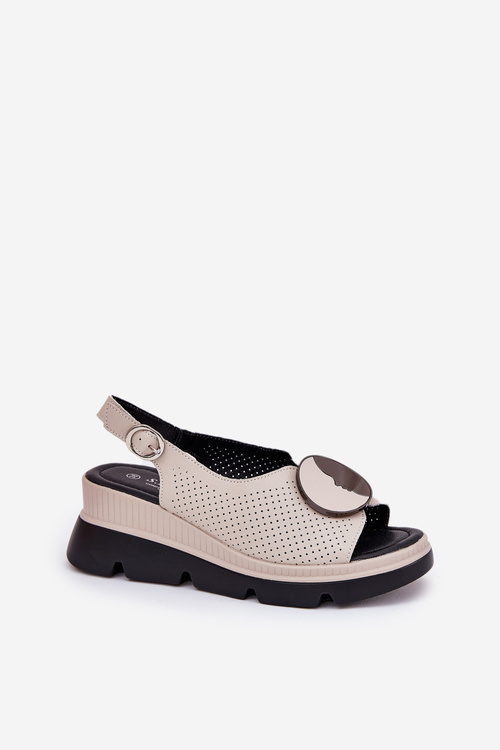 Leather Women's Wedge Sandals with Decoration S.Barski LR51-788 Beige