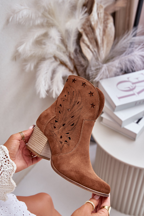 Kowbojki Botki Ażurowe Obcas Słupek Zamsz Brązowe Lewski 3613