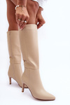 Leather Heeled Over-the-Knee Boots Beige Serpens
