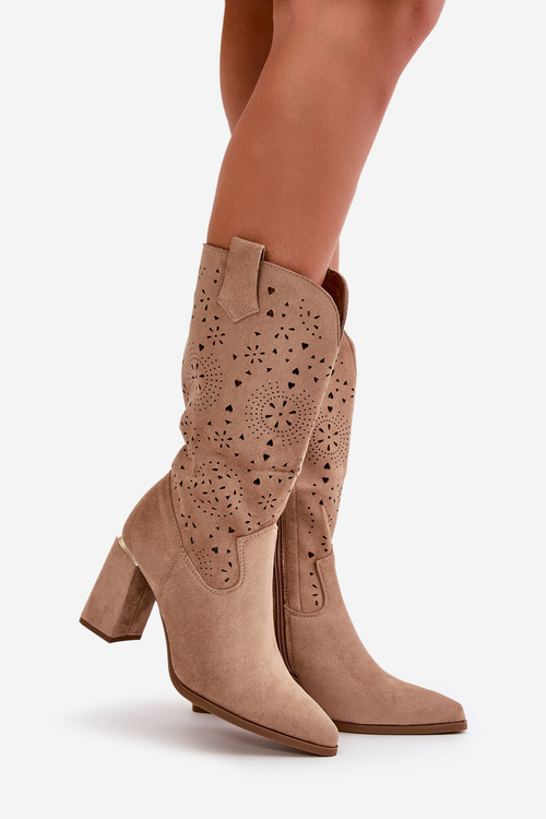 Botki Damskie Ażurowe Obcas Słupek Eko Zamsz Noski W Szpic Ciemnobeżowe Nevithra
