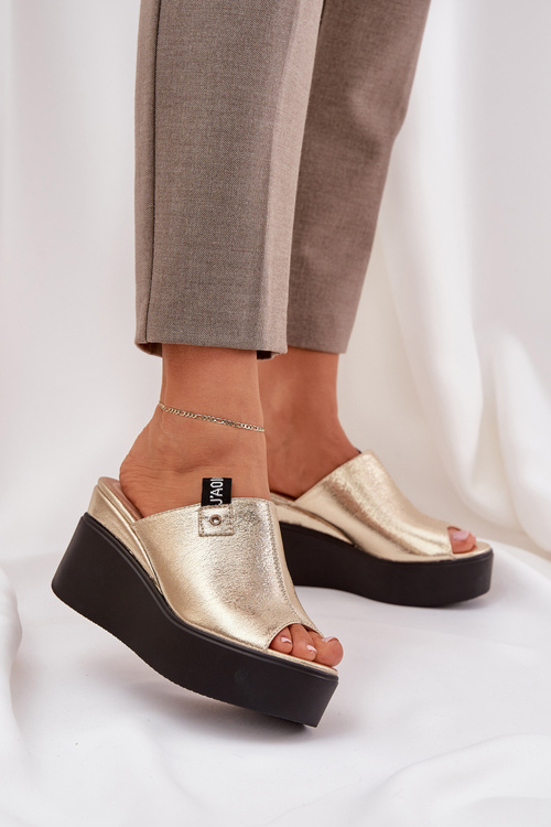 Klapki Eko Skórzane Platforma Koturn Złote Eridoria