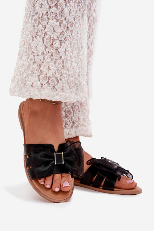 Women's Flat Heeled Slippers with Tulle Bow Black Tanira