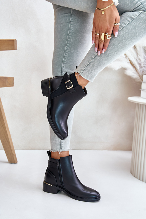 Women's Ankle Boots on Low Heels Insulated with Golden Buckle Black Inomira