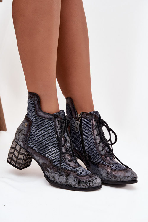 Damskie Botki Skóra Naturalna Obcas Słupek Szare Maciejka 06989-03