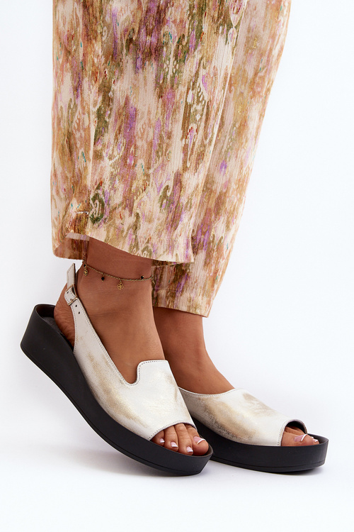 Sandały Na Grubej Podeszwie Skórzane Złoty Przecierany 2893