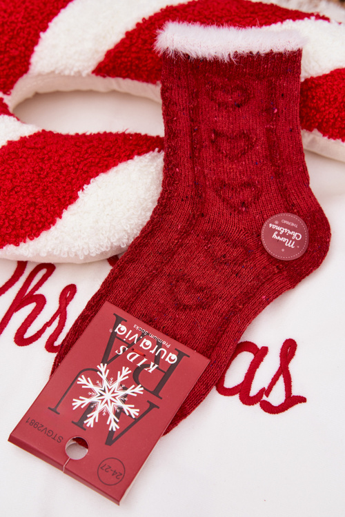 Kids Christmas Socks with Hearts Alpaca Wool Red