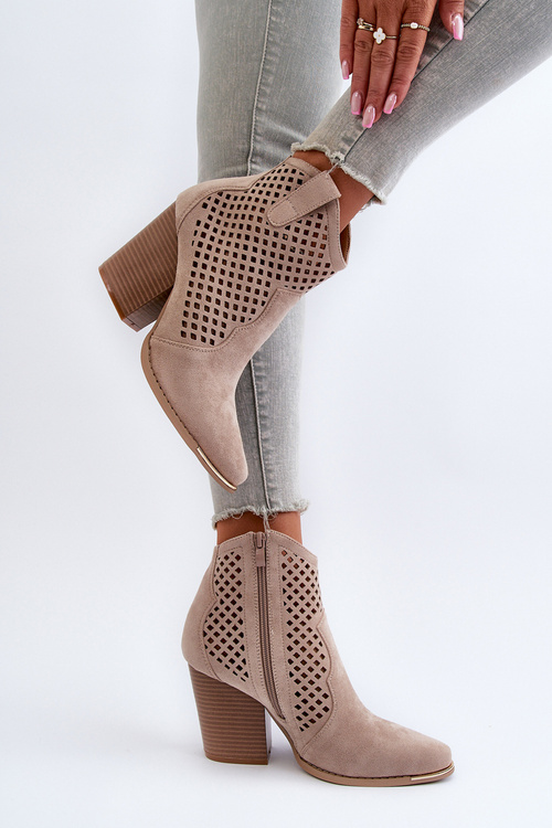 Beige Lace-Up Women's Ankle Boots in Eco Suede on Block Heel Stardara