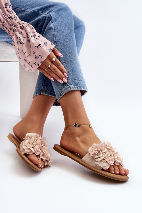 Klapki Damskie Kwiatki Beżowe Eelfan CK285P