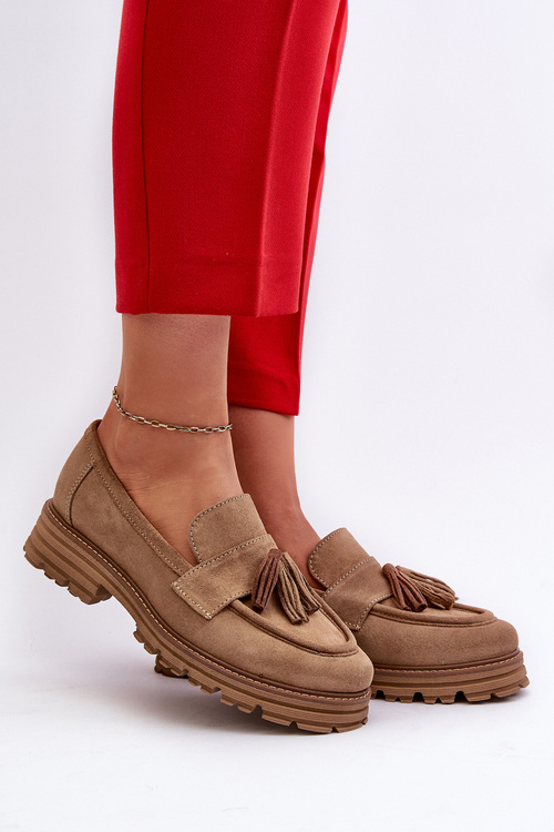 Zazoo 3469 Suede Women's Loafers With Fringes Beige