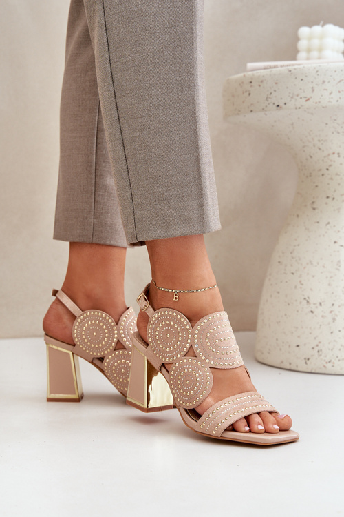 Zdobione Sandały Damskie Na Słupkowym Obcasie Ciemnobeżowe Delariona