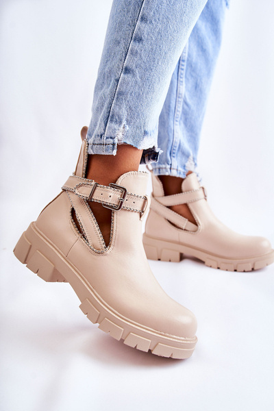 Women's Leather Boots With Studs Beige Clares