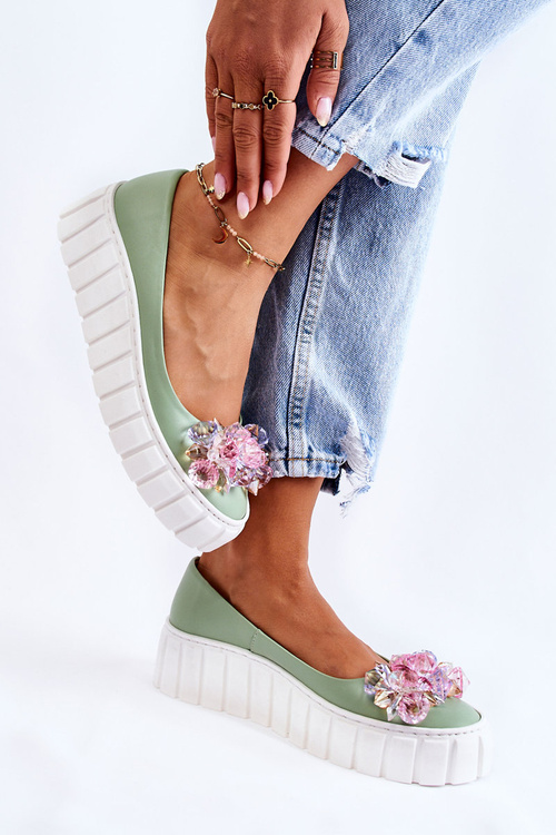 Leather Ballerinas On A Platform With Colorful Ornament Green Ladette