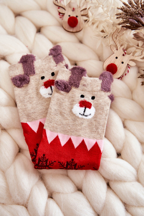 Women's Funny Christmas Socks Reindeer And Snowflakes Red-Beige