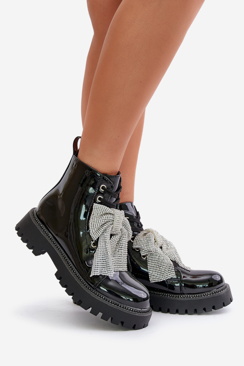 Botki Lakierowane Kokarda Damskie Czarne Ocenttia