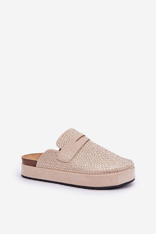 Damskie Klapki Na Platformie Ozdobione Cyrkoniami Beżowe Deorani